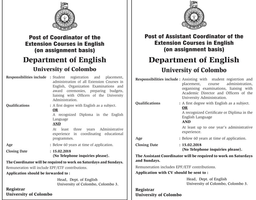 Coordinator, Assistant Coordinator - University of Colombo